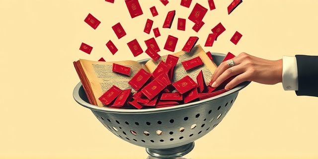 Una ilustración satírica que muestra un antiguo libro de leyes español transformándose en un colador de cocina gigante. A través de los agujeros del colador caen miles de pasaportes rojos mientras una mano con un anillo político sostiene el utensilio. Estilo editorial de revista, colores contrastados, fondo minimalista.