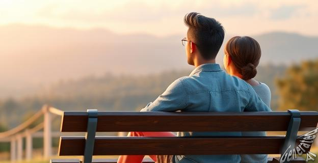 Una pareja sentada en un banco mirando hacia el horizonte con expresión de serenidad y confianza mutua, con un fondo de naturaleza tranquila