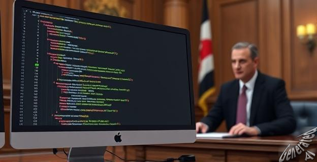 Una imagen de un ordenador con código fuente en la pantalla, con un juez y un político al fondo