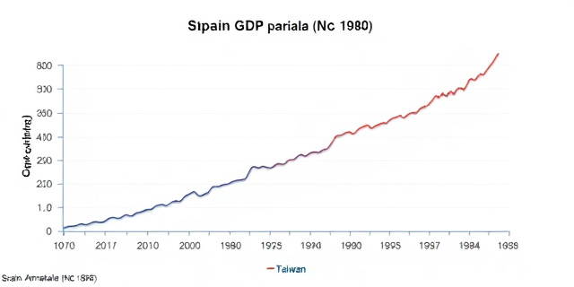Un gráfico que muestra la evolución del PIB per cápita de España y Taiwán desde 1980, con una línea roja que representa a España y una línea azul que representa a Taiwán, ambas con una tendencia creciente, pero la línea azul supera a la roja en los últimos años.