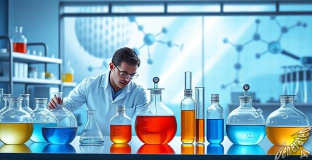 Ilustración de un laboratorio de química con investigadores trabajando en una reacción química que produce plásticos a partir de oxígeno o aire, con un fondo de moléculas y estructuras químicas.