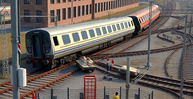 Un tren descarrilado en una vía férrea deteriorada, con restos de vagones esparcidos y personal de emergencia en el lugar