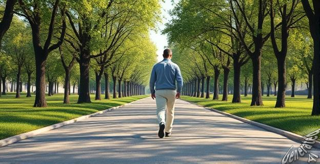 Una persona caminando en un parque con un ritmo rápido y luego lento, alternando intervalos de velocidad.