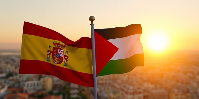 Una imagen de una bandera española y una bandera palestina ondeando juntas, con una ciudad árabe al fondo y un sol poniéndose detrás de ellas.