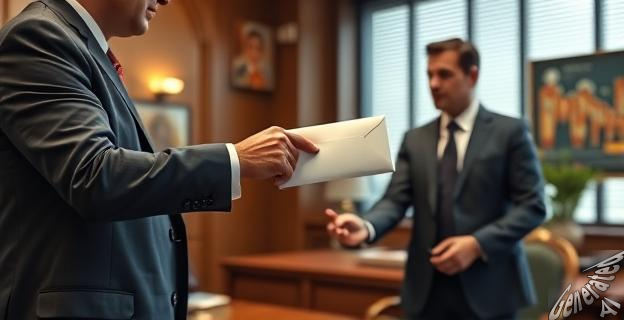 Un hombre de negocios entregando un sobre con dinero a un político en un despacho