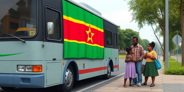 Una imagen de un autobús con una bandera de Camerún, mientras una familia con un hijo discapacitado está en la acera, mirando el autobús con tristeza