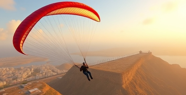 Imagen de un parapente sobrevolando la valla de Ceuta con Marruecos al fondo, con un tono de alerta y preocupación.