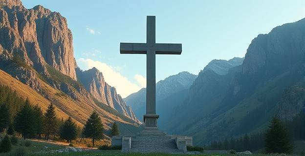 Imagen de una cruz monumental en un valle rodeado de naturaleza, con elementos arquitectónicos que sugieren una transformación hacia un espacio más abierto y plural.