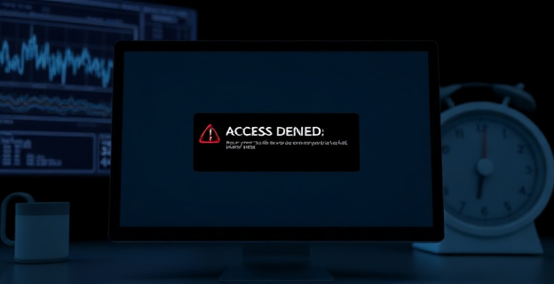 Una pantalla de ordenador mostrando un mensaje de error de acceso con un fondo de gráficos científicos y una báscula de dieta en un segundo plano, todo en tonos grises y azules