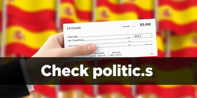 Una mano sosteniendo un cheque, con un fondo de banderas españolas y un titular que dice 