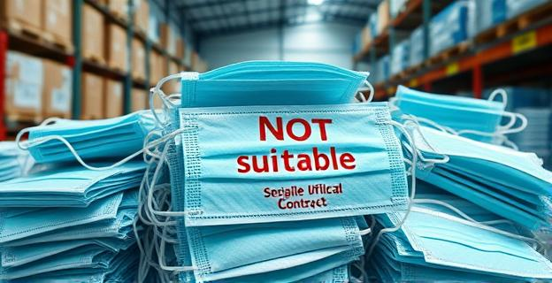 Una imagen de una pila de mascarillas quirúrgicas con un sello de 