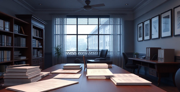 Una imagen de una oficina con documentos y expedientes relacionados con contratos ferroviarios, con un ambiente de seriedad y profesionalismo, pero con un toque de sospecha y duda en el aire.