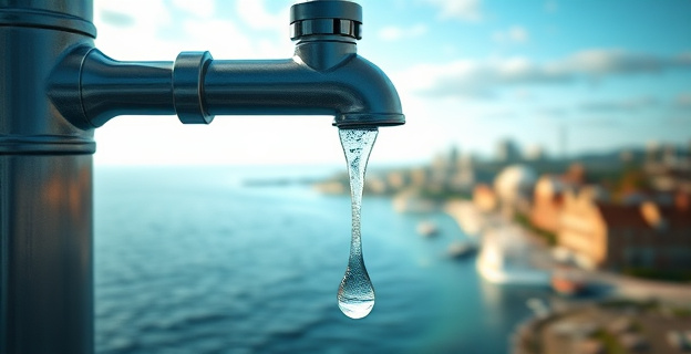 Imagen conceptual de un grifo goteando agua salada con el fondo de una ciudad costera afectada por el cambio climático
