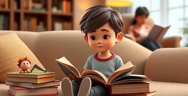 Un niño sentado en un sofá, rodeado de libros, con una expresión de concentración mientras lee un cuento con personajes fantásticos. Al fondo, un padre o madre leyendo en un sillón cercano, creando un ambiente acogedor y tranquilo.