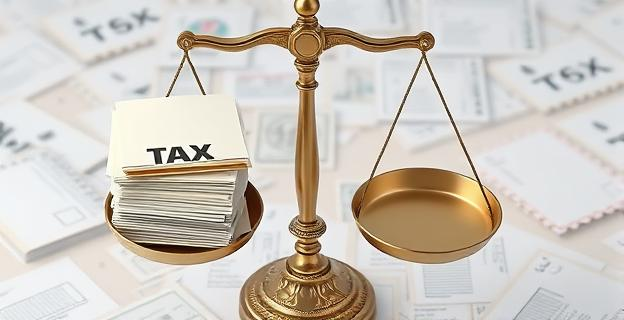 Una balanza de la justicia desequilibrada con un gran peso de expedientes y documentos de impuestos en un lado, mientras que el otro plato está completamente vacío. Al fondo, un laberinto de formularios y sellos oficiales.