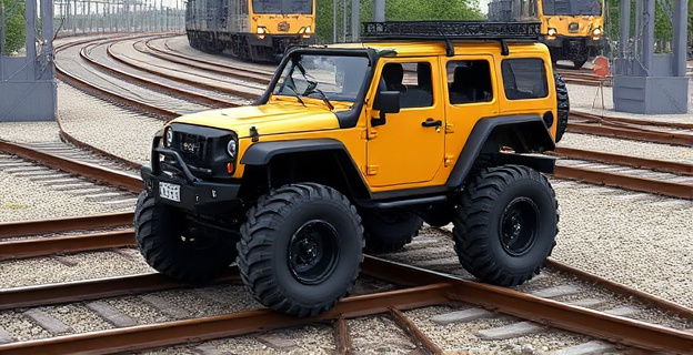 Un todoterreno 4x4 con ruedas adaptadas para circular sobre raíles de ferrocarril, equipado con una plataforma de auscultación para detectar fallos en las vías