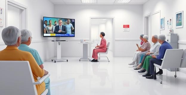 Sala de espera de hospital con personas mayores sentadas y una televisión mostrando un programa de actualidad