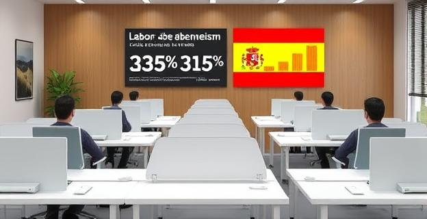 Oficina con varios empleados ausentes, mostrando escritorios vacíos y una pantalla con estadísticas de absentismo laboral en España.