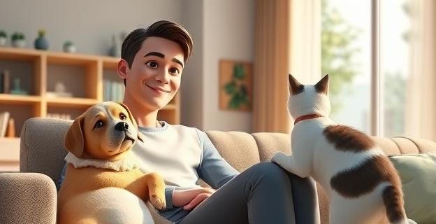 Una escena tranquila donde una persona interactúa con un perro y un gato dentro de un hogar moderno y luminoso. La persona sonríe mientras el perro apoya su cabeza en su regazo y el gato frota su lomo contra su pierna. Se aprecian elementos como un sofá cómodo, estanterías con libros y una ventana que deja ver un paisaje natural, transmitiendo una atmósfera de calma y conexión. Los animales muestran gestos de afecto y atención, sin diálogos audibles, solo lenguaje corporal. Un sol tenue ilumina el ambiente creando sombras suaves.