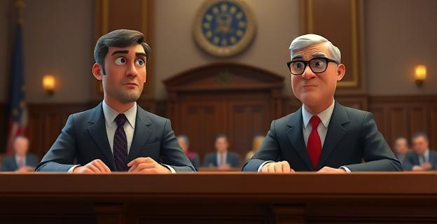 Escena judicial con fiscal y fiscal general en un tribunal, mostrando tensión y seriedad