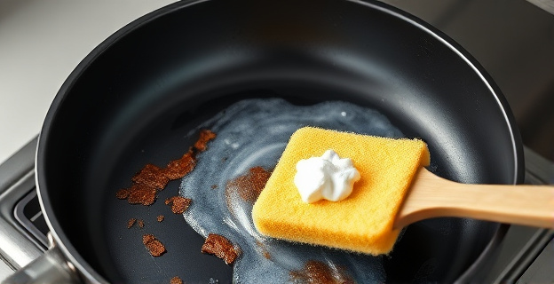 Una sartén antiadherente con restos de comida quemada siendo limpiada suavemente con una esponja y agua con bicarbonato