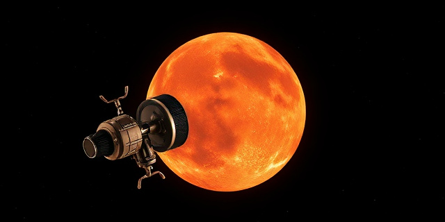 Una representación artística y abstracta de una sonda espacial capturando una imagen de un planeta rojizo y texturizado. Predominan los tonos ocres, rojizos y dorados. La imagen debe evocar una sensación de asombro y distancia, con un estilo cercano a la pintura impresionista. No incluir detalles realistas de la sonda ni del planeta.