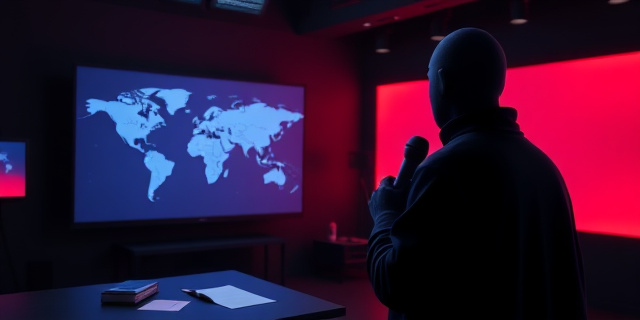 Una sala de televisión con luz tenue, un gran monitor mostrando un mapa mundial y una mesa con papeles y bolígrafos. La cámara se centra en una figura con traje oscuro, sosteniendo un micrófono, frente a una pantalla que emite tonos de azul y rojo, sin mostrar rostros reconocibles.