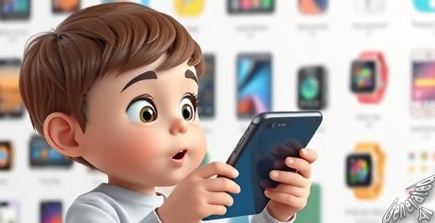 Un niño con un teléfono móvil en la mano, mirando una pantalla con una expresión de sorpresa, con un fondo de opciones de teléfonos y relojes inteligentes.