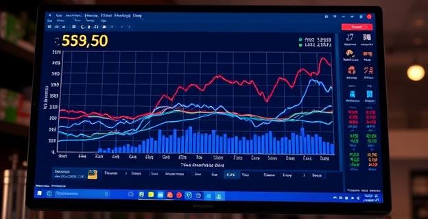 Una pantalla de ordenador mostrando un gráfico de análisis de datos con múltiples líneas y puntos de datos, representando la vigilancia algorítmica de las declaraciones de la renta por parte de la Agencia Tributaria.