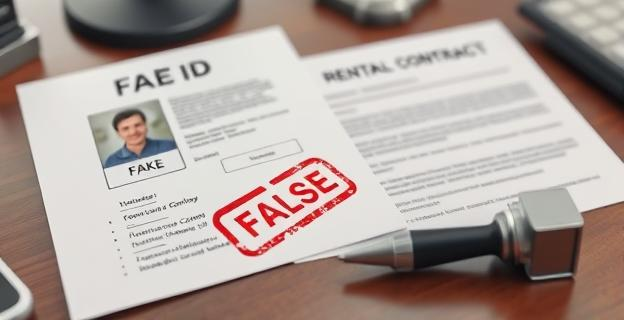Imagen de un documento de identidad falso y un contrato de arrendamiento con un sello de 
