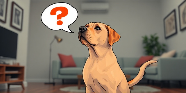 Una ilustración conceptual y satírica. Un perro labrador mirando a su dueño con una expresión ambigua; arriba de su cabeza hay un globo de pensamiento que muestra un signo de interrogación y un rayo de estrés, mientras que su cola se mueve borrosa por la velocidad. Estilo editorial de revista moderna, colores vibrantes pero con un toque irónico, fondo minimalista de un salón urbano.