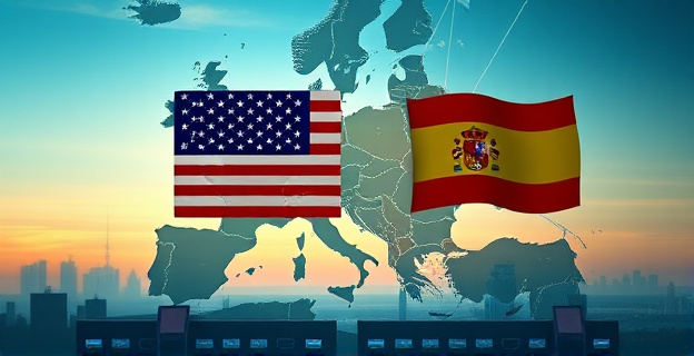 Una imagen conceptual que represente la tensión entre EEUU y España, con un fondo de mapa de Europa y América del Norte unidos por hilos de comunicación rotos, y siluetas de rascacielos y centros de datos en el horizonte.