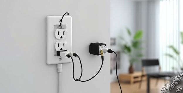 Imagen de un enchufe de superficie instalado en una pared, con varios dispositivos conectados y un fondo de una habitación moderna.