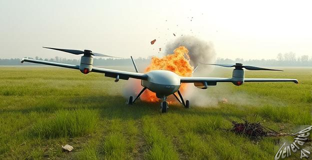Un dron de ataque ucraniano explota en un campo en Estonia, con restos dispersos y humo en el aire.