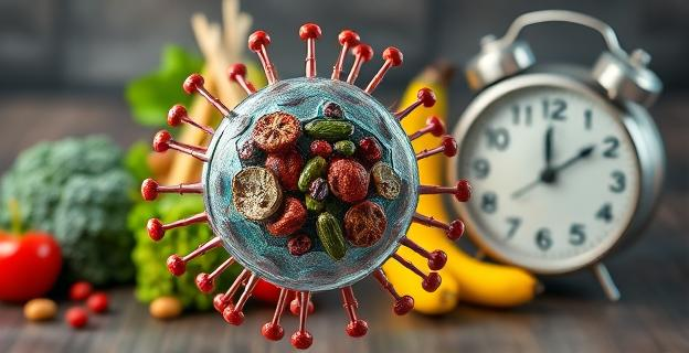 Imagen de una célula descomponiendo componentes dañados con un fondo de alimentos saludables y un reloj simbolizando el ayuno intermitente