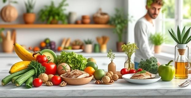 Imagen de una cocina mediterránea con alimentos frescos como verduras, frutas, nueces, pescado y aceite de oliva, con un fondo de una persona sana realizando actividades cotidianas