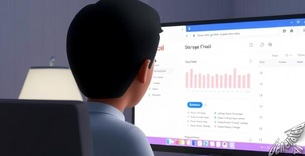 Una imagen de una persona frente a una computadora con una pantalla de Gmail abierta, mostrando un gráfico de almacenamiento lleno y un botón de 
