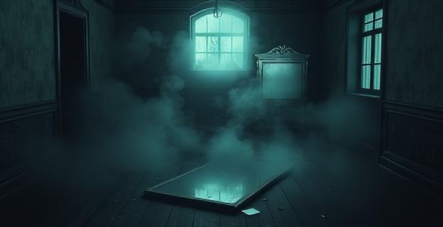 Una habitación antigua con un espejo roto en el suelo, rodeada de vapores tóxicos invisibles que se dispersan por el aire