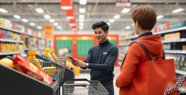 Una persona pagando en un supermercado con productos de impulso en la línea de caja.