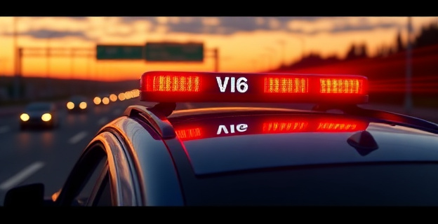 Imagen de un coche con la baliza V16 encendida en el techo y las luces de emergencia activadas, en una carretera con tráfico intenso al atardecer.