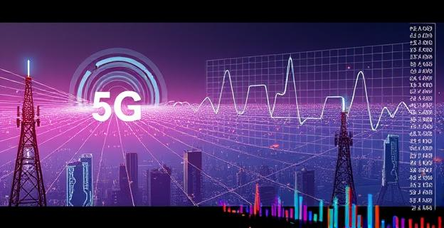 Una ciudad futurista con torres de telefonía móvil emitiendo ondas de diferentes frecuencias y colores representando distintas tecnologías de red (4G, 5G). En el fondo, gráficos de rendimiento mostrando variaciones en velocidad y latencia.