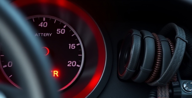 Un salpicadero de coche con una luz roja de batería encendida, mientras el vehículo está en marcha. Al lado, una imagen de una correa de accesorios rota y enredada en el motor.