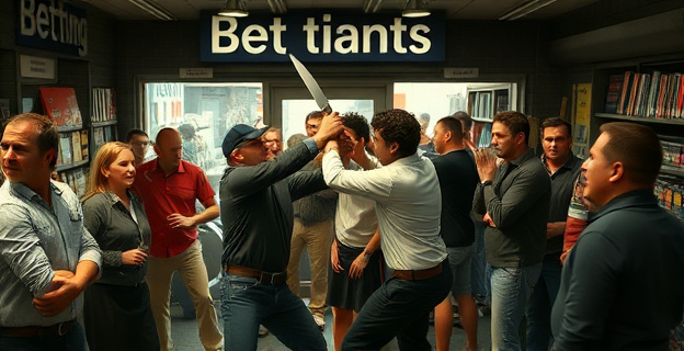 Una escena caótica en un salón de apuestas con clientes rodeando a dos hombres forcejeando, uno de ellos con un machete, mientras otros clientes y empleados observan conmocionados al fondo