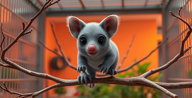 Imagen de una jaula moderna con temperatura controlada, conteniendo ramas y espacios para que un pequeño marsupial gris con ojos grandes y membrana de piel entre las patas planee, con variaciones de color en el fondo