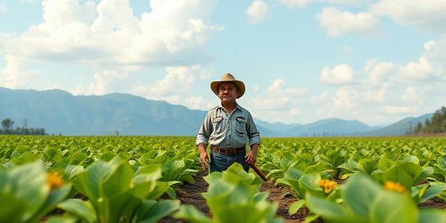 Un campo de tabaco con plantas verdes y flores amarillas, rodeado de montañas y un cielo azul con nubes blancas. En el centro, un agricultor con un sombrero y una herramienta en la mano, mirando hacia el horizonte con preocupación.