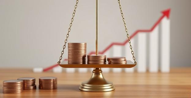 Imagen de una balanza con monedas y una gráfica descendente al fondo, representando el déficit de la Seguridad Social y las pensiones en España