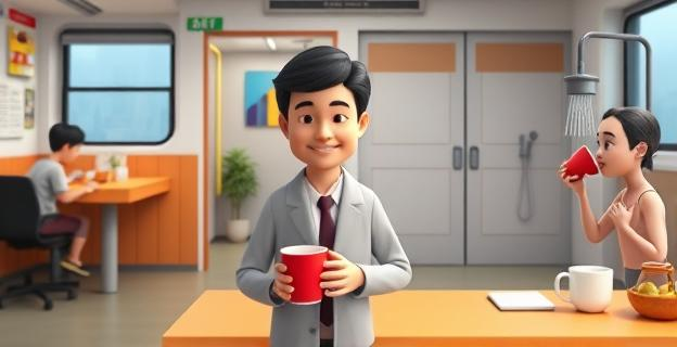 Imagen de una persona realizando diferentes microhábitos saludables en un entorno cotidiano: cambiando el orden de los alimentos en una mesa, haciendo ejercicios de Kegel en el metro, cambiando de postura en una oficina, duchándose con curiosidad y bebiendo de una taza roja en el desayuno.