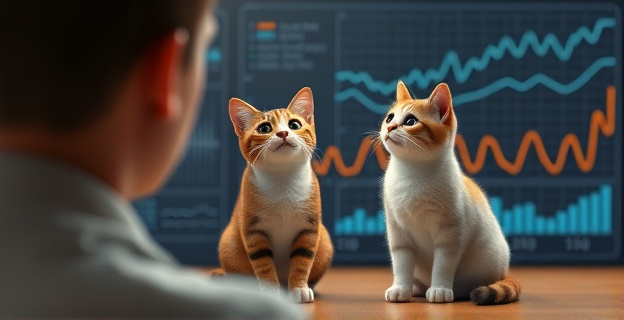 Imagen conceptual de un gato doméstico sentado frente a una persona que habla, con ondas de sonido representando la voz humana y el gato procesando la información con una expresión de atención. Al fondo, gráficos representando estudios científicos y conexiones neuronales.