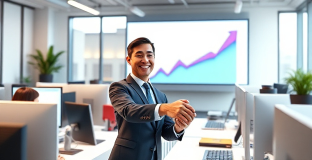 Una escena que muestra una oficina moderna con personas trabajando en computadoras, con una pantalla grande que muestra un gráfico de crecimiento en el fondo. En primer plano, un ejecutivo sonriendo mientras estrecha la mano de otro, simbolizando la venta de la empresa.