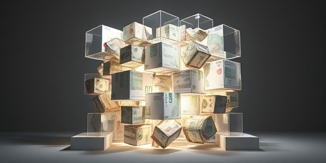 Una escultura abstracta de cubos y prismas, algunos transparentes y otros opacos, construidos con billetes arrugados y recibos médicos. La escultura está iluminada desde abajo, creando sombras dramáticas y una sensación de inestabilidad. El fondo es un gris neutro, representando la burocracia. Estilo: Art Deco moderno.
